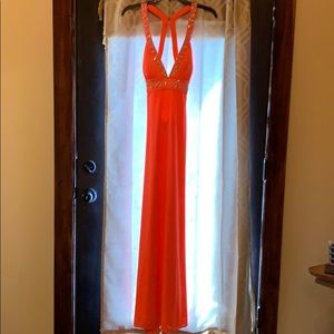 Bright coral jeweled prom dress